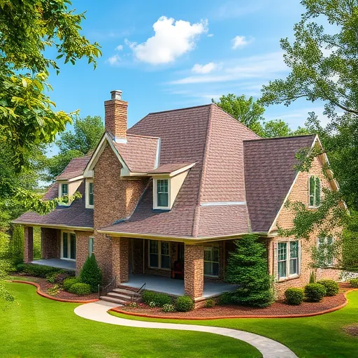 Finished residential roof with multi-tone brown and gray shingles, chimney, vents, lush lawn, trees, and blue sky