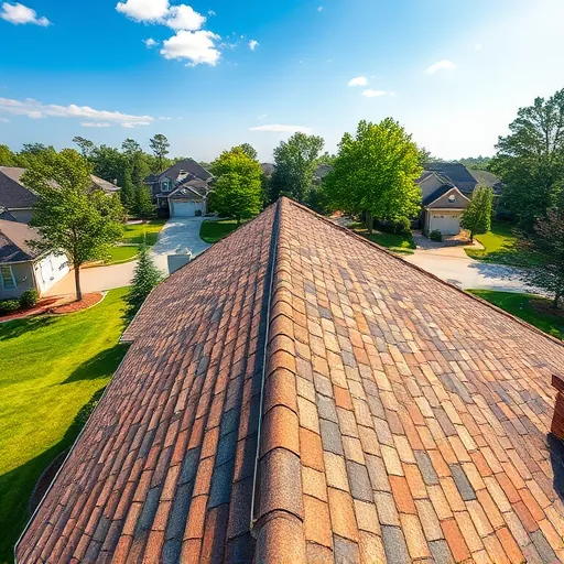 Finished suburban roof with earthy shingles, lush lawns, trees, and blue sky highlighting craftsmanship and quality.