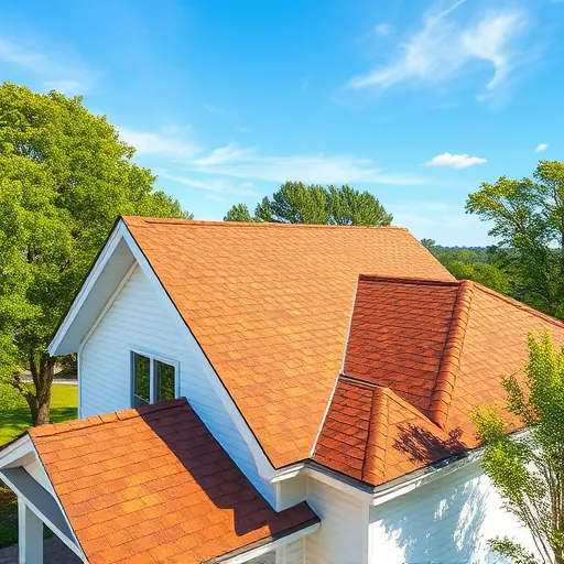 Completed residential roof with warm asphalt shingles on a well-maintained house in Warrior Alabama with lush trees and clear sky