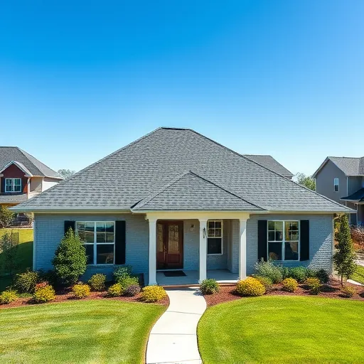 Completed roofing project in Tarrant AL features modern design, dark gray shingles, and vibrant landscaping.