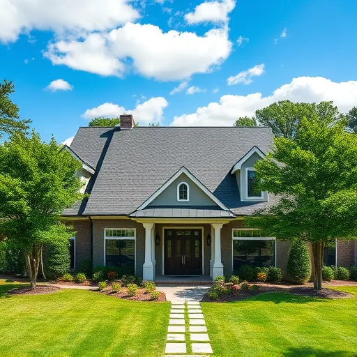 Completed roofing installation on a modern home in Greystone AL with lush trees and a vibrant blue sky.
