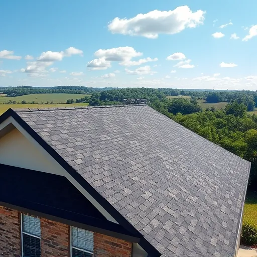 Completed roofing project in McCalla AL features a freshly installed dark asphalt shingle roof against a serene landscape.