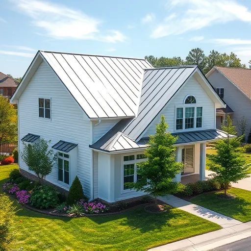 Freshly replaced silver metal roof on modern suburban home in Trussville AL with landscaped yard and blue sky