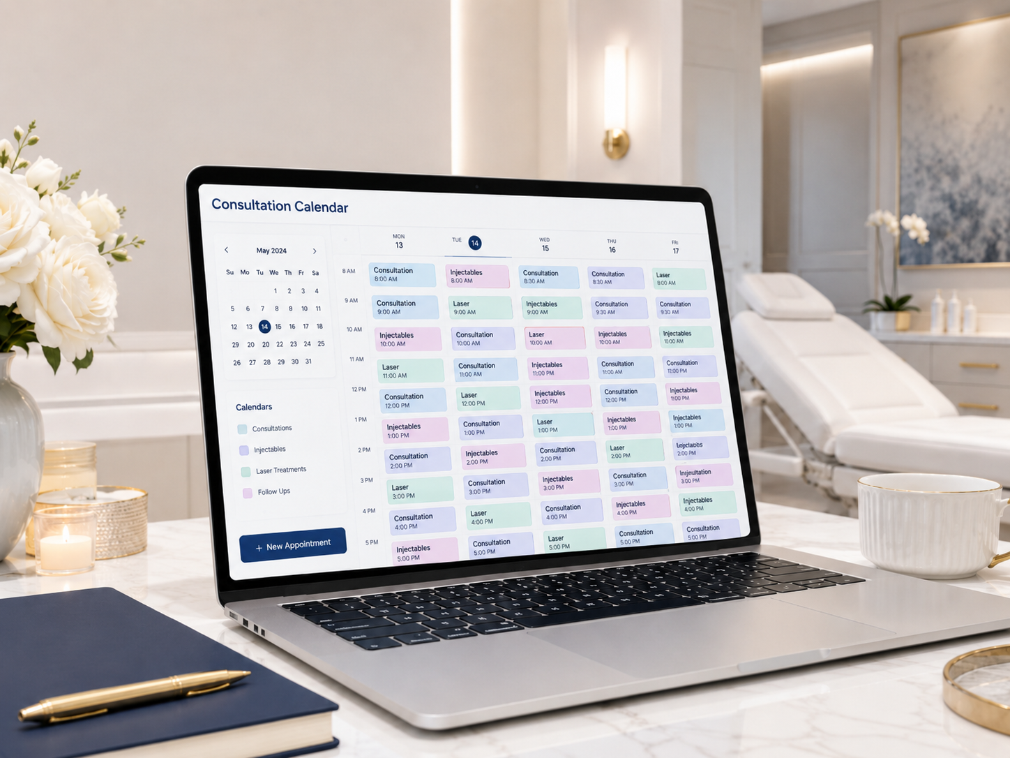A busy Med Spa consultation calendar filled with appointments