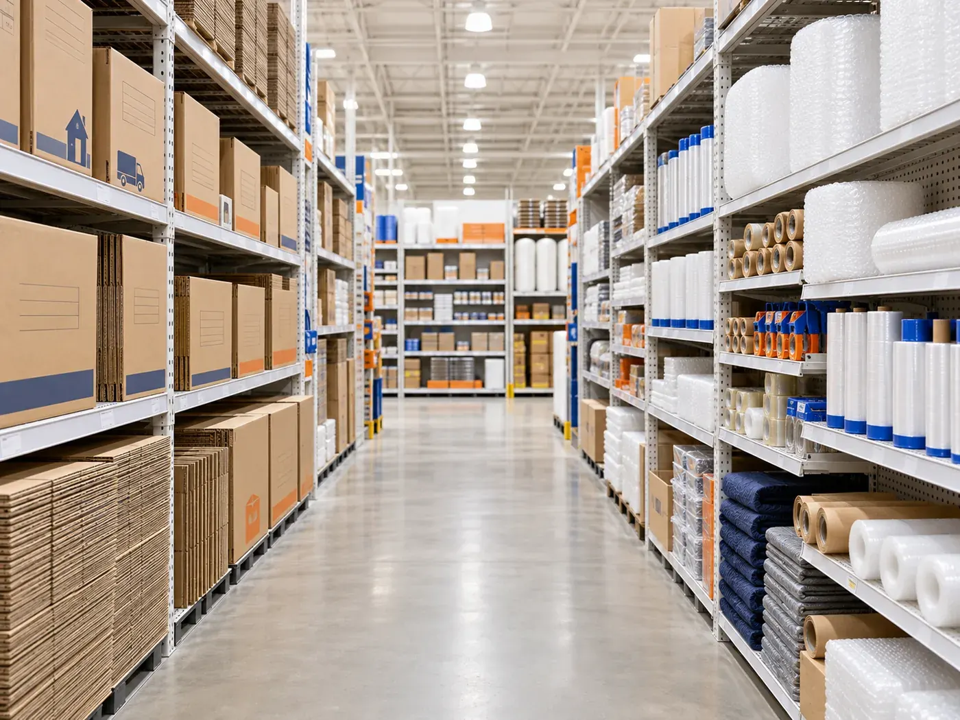 Pasillo con cajas y materiales para preparar envíos