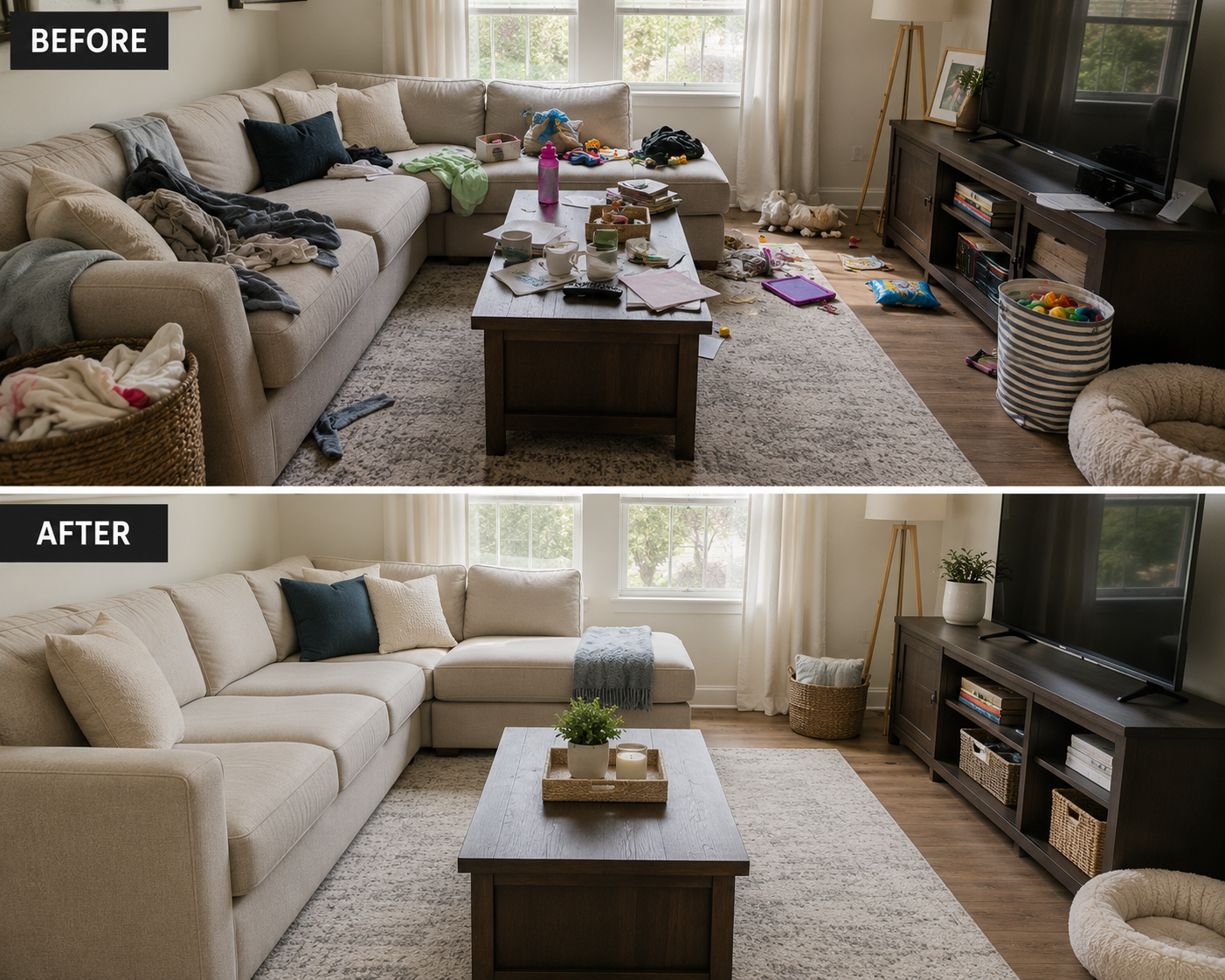 Messy living room before and after image