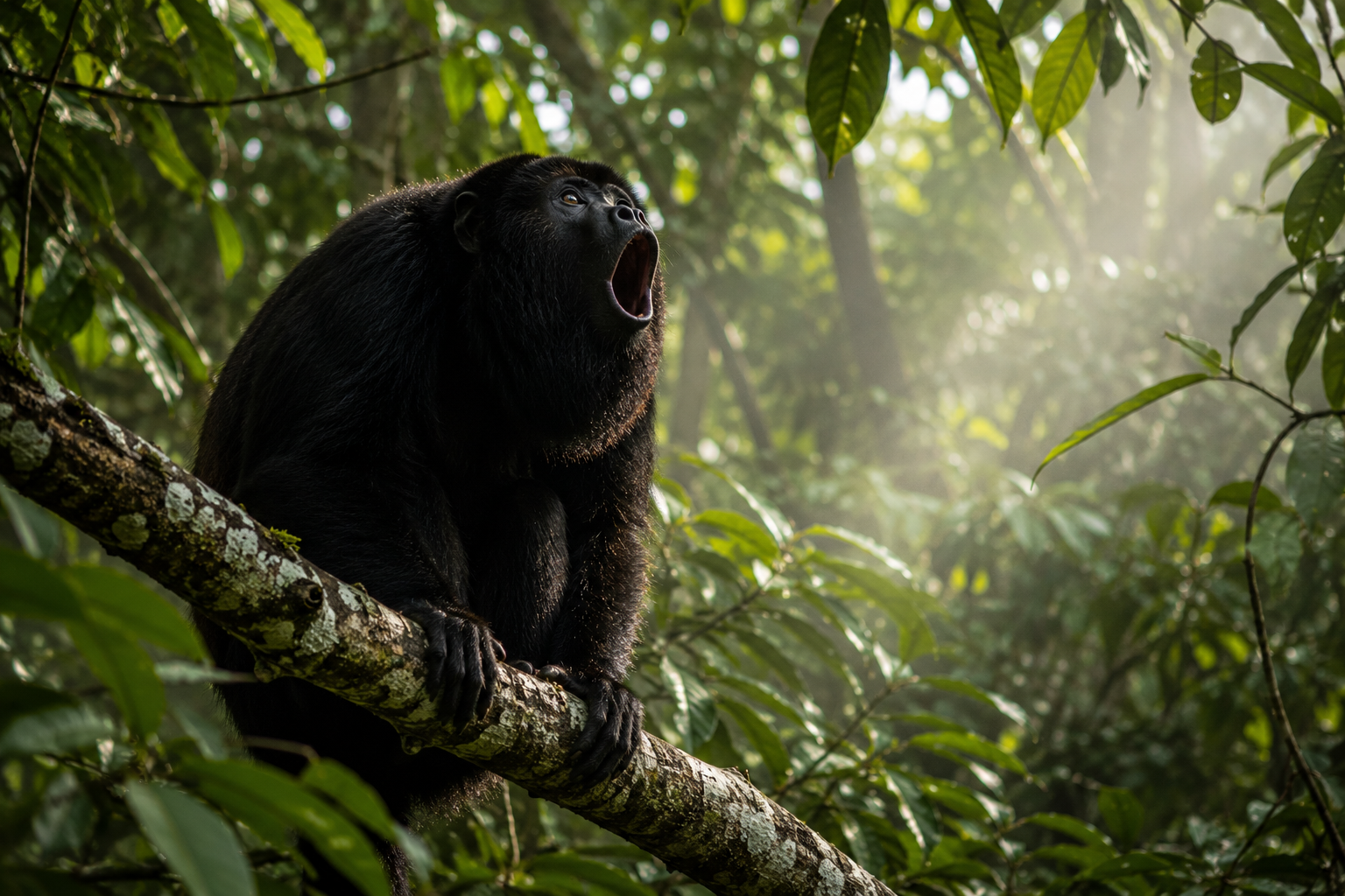 Black howler monkey roaring in the Maya rainforest canopy of Guatemala