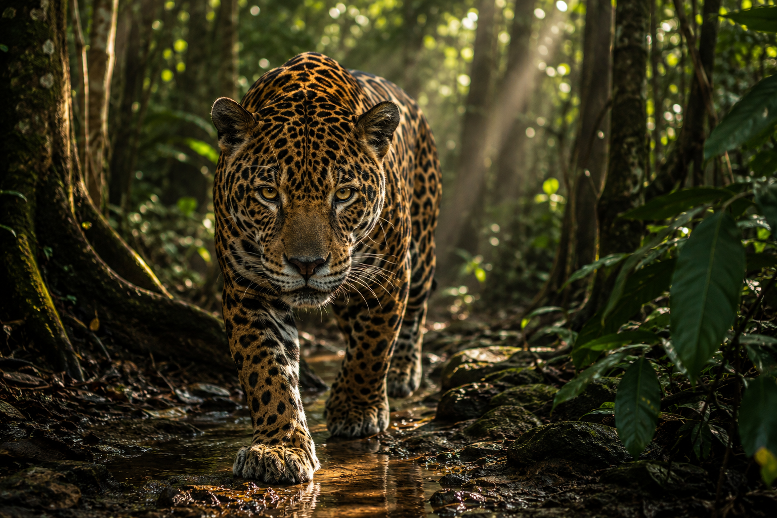 Jaguar walking through the Maya rainforest in Guatemala