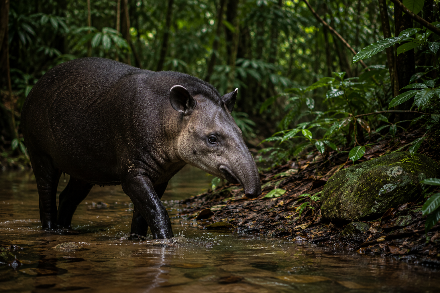 Baird’s tapir walking through a rainforest stream in the Maya Biosphere of Guatemala