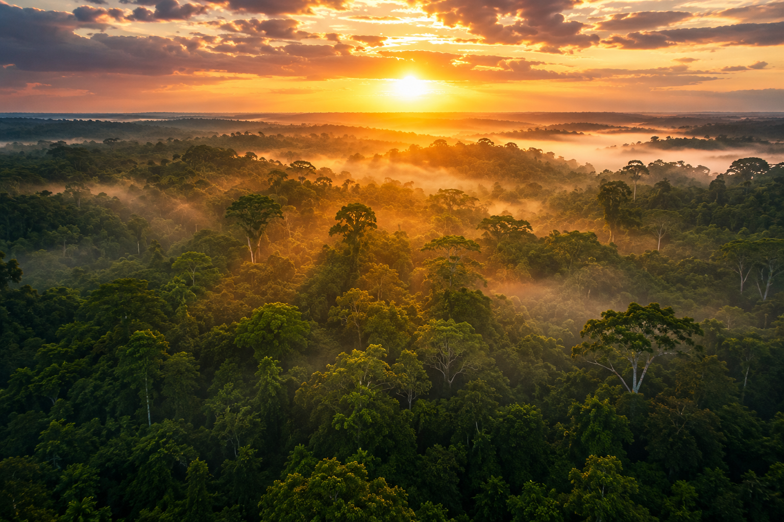 Aerial view of the Maya Biosphere rainforest at sunrise in Guatemala
