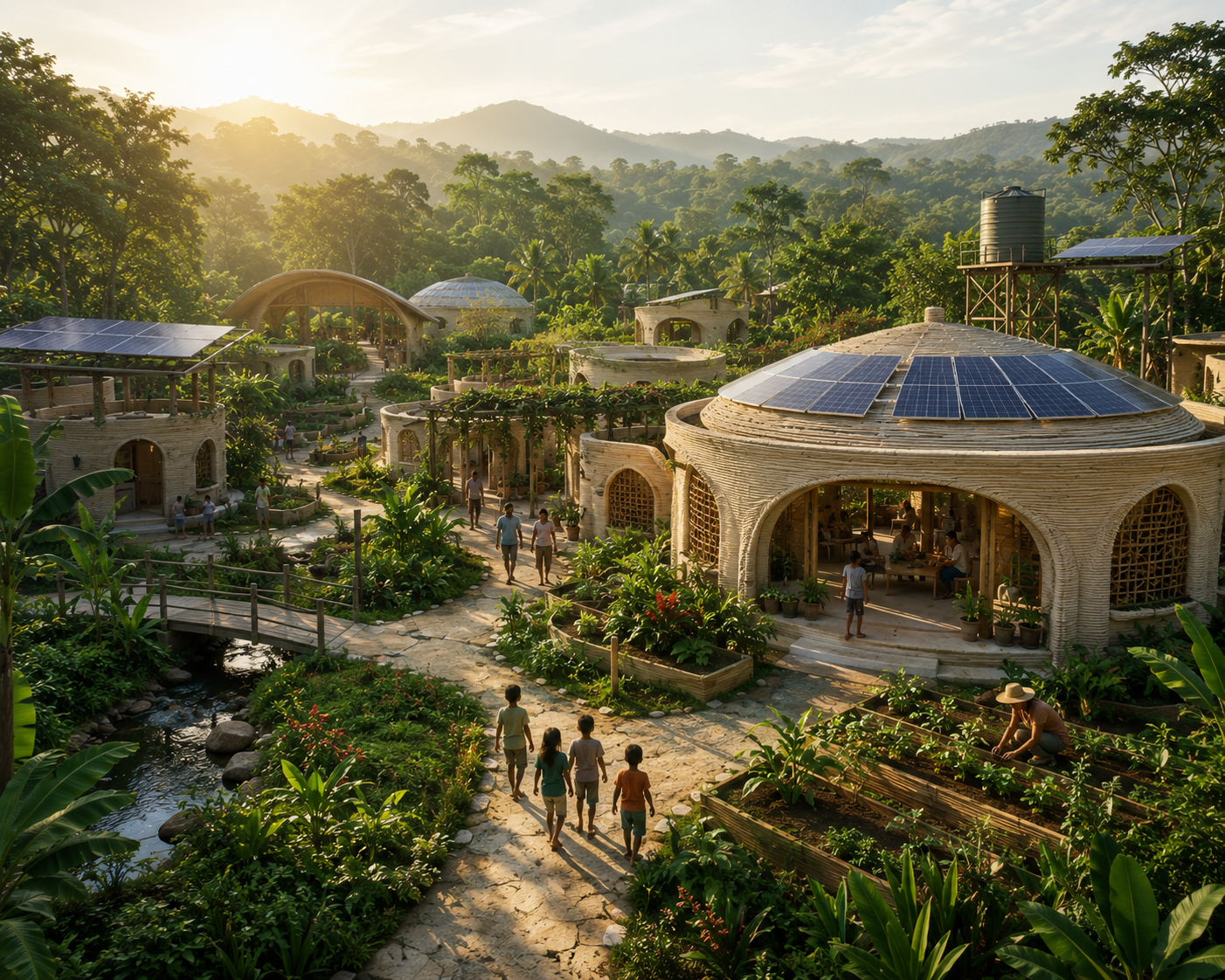 Regenerative eco-village in the Maya Biosphere featuring 3D-printed earth homes, solar energy systems, permaculture gardens, and sustainable bioconstruction surrounded by tropical rainforest in Guatemala.