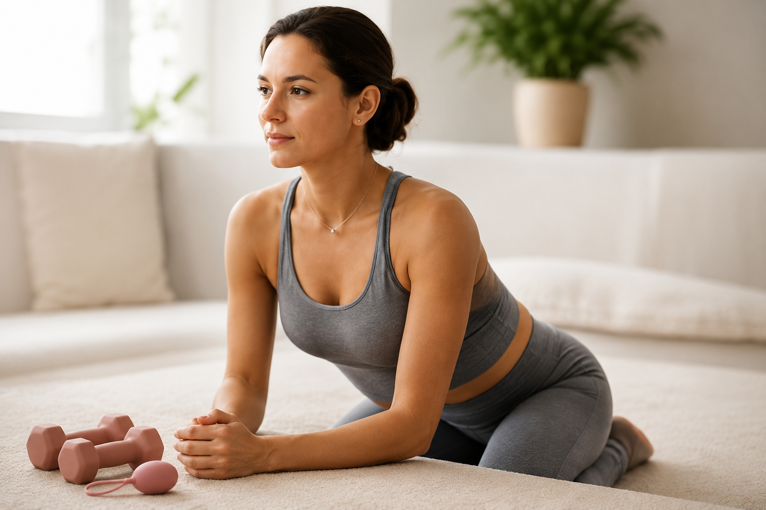 Woman exercising for pelvic floor strength and bladder leakage support