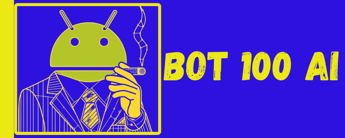Logo BOT 100 AI- robot wearing a business suit and smoking a cigar