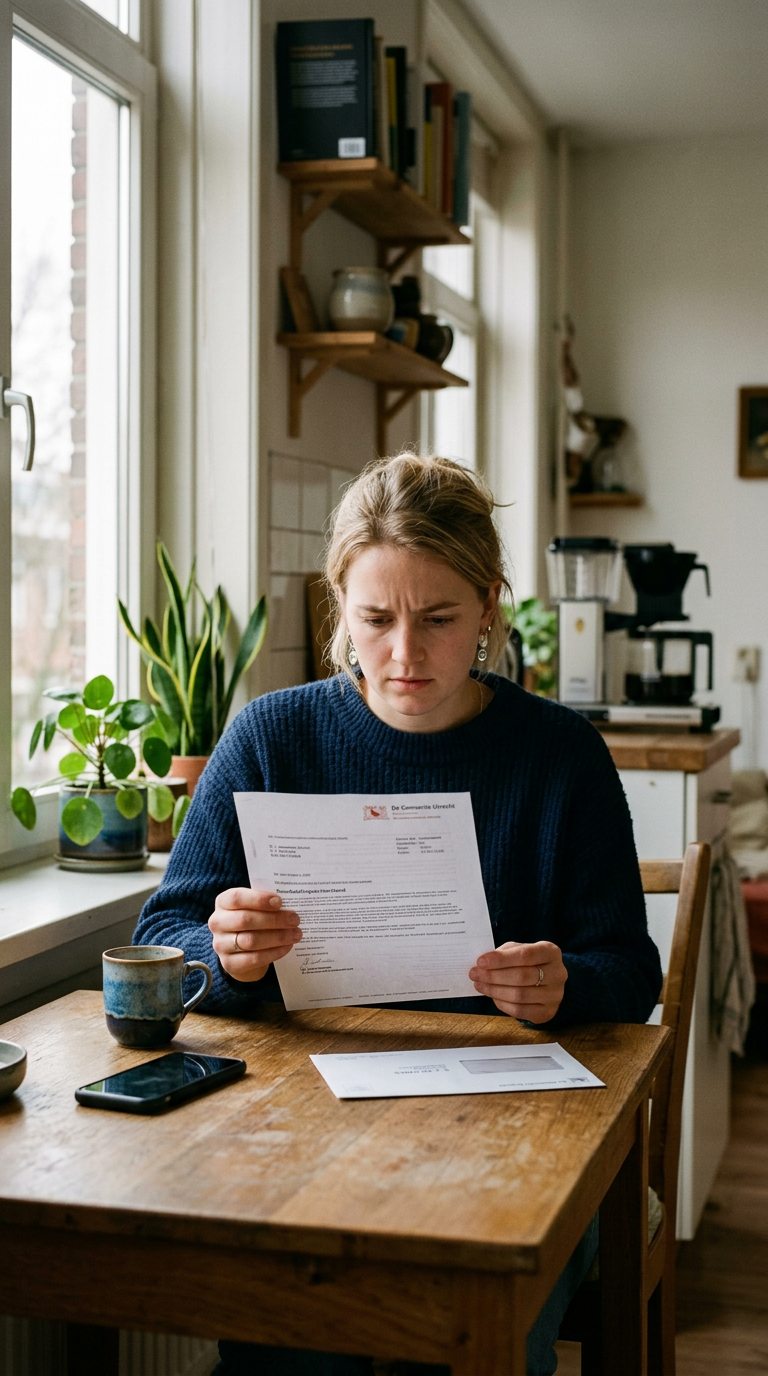 Huurder leest thuis aan de keukentafel een brief van de verhuurder