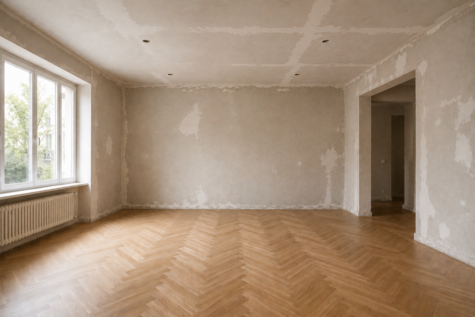 Dezelfde woonkamer voor het stucwerk: ruwe, beschadigde wanden