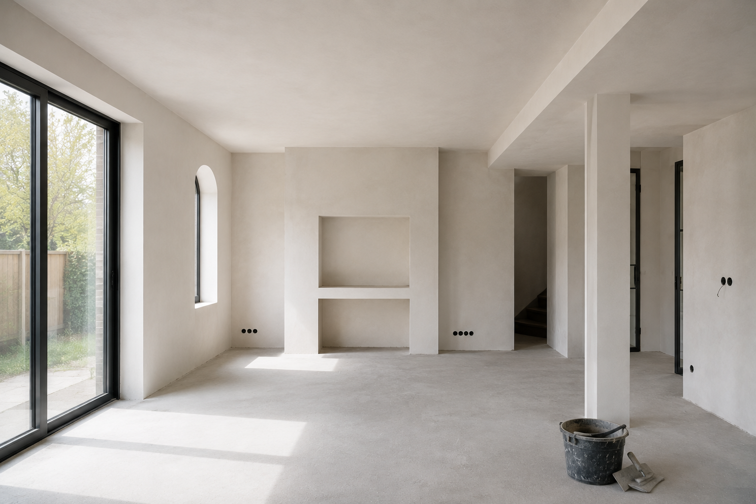 Lege nieuwbouwwoning met vers gestucte wanden en plafond