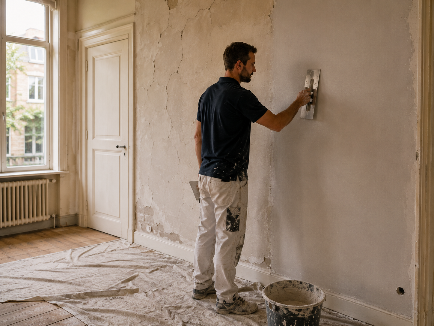 Stukadoor herstelt oud stucwerk in een jaren dertig woning