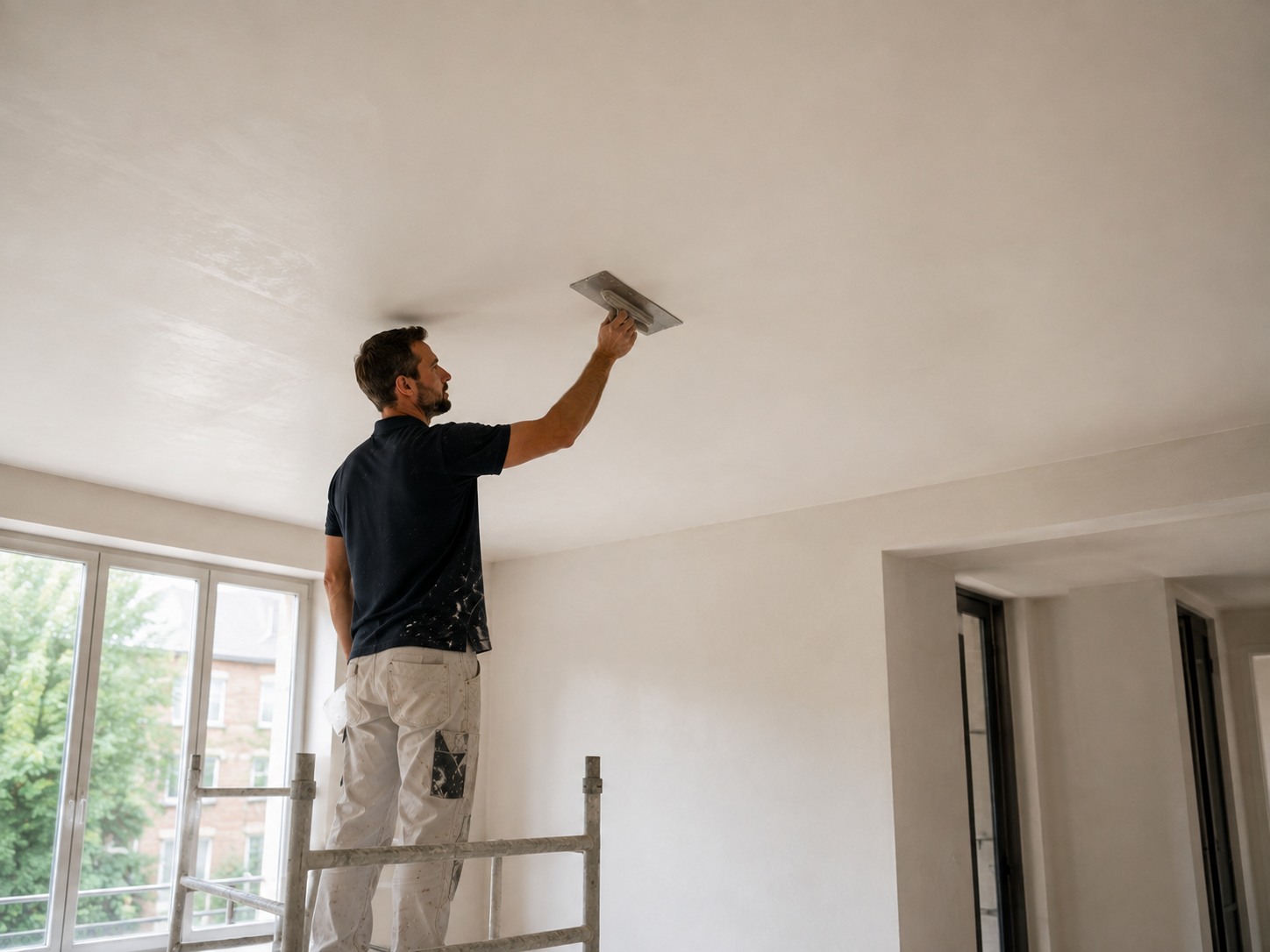 Stukadoor werkt een glad plafond af met een brede spaan