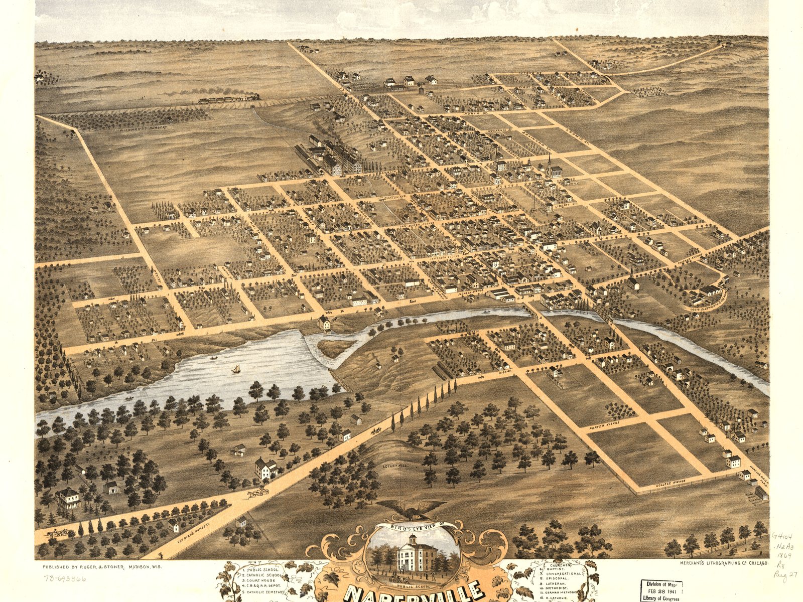 An 1869 bird's-eye view drawing of Naperville, Illinois, with its street grid and the DuPage River