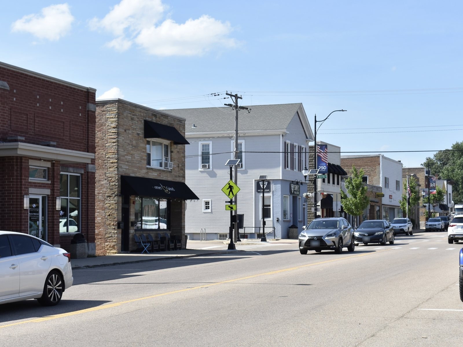 Storefronts along the main street in downtown Elburn, Illinois