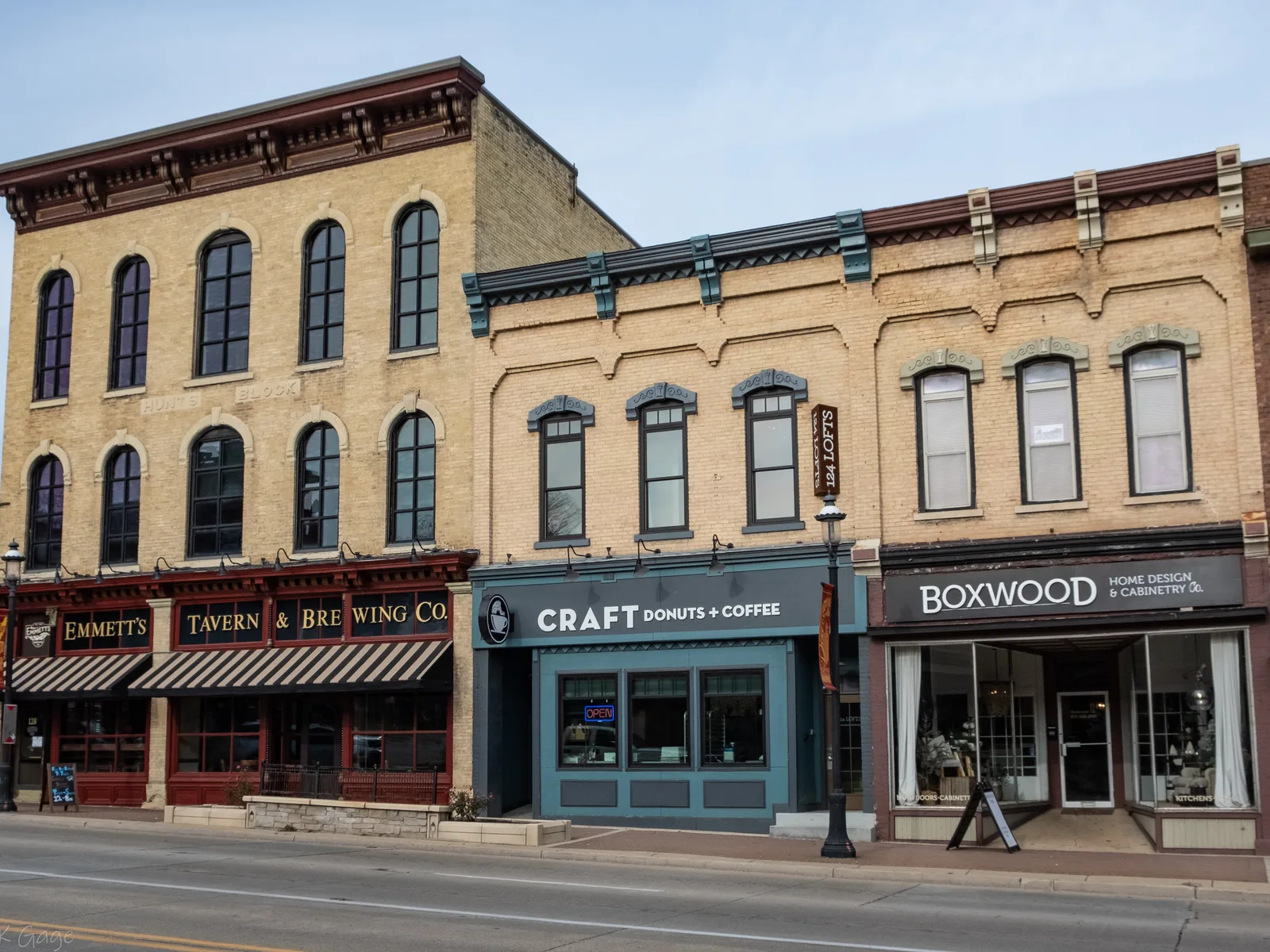 Historic brick storefronts on Main Street in downtown West Dundee, Illinois
