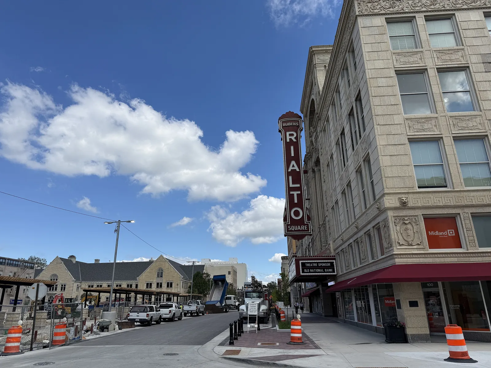 Chicago Street in downtown Joliet, Illinois, with the Rialto Square Theatre sign