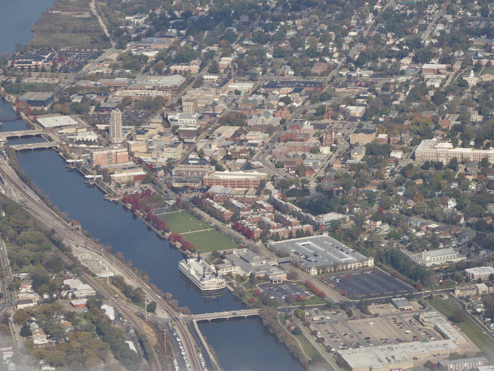 Aerial view of Elgin, Illinois, and the Fox River