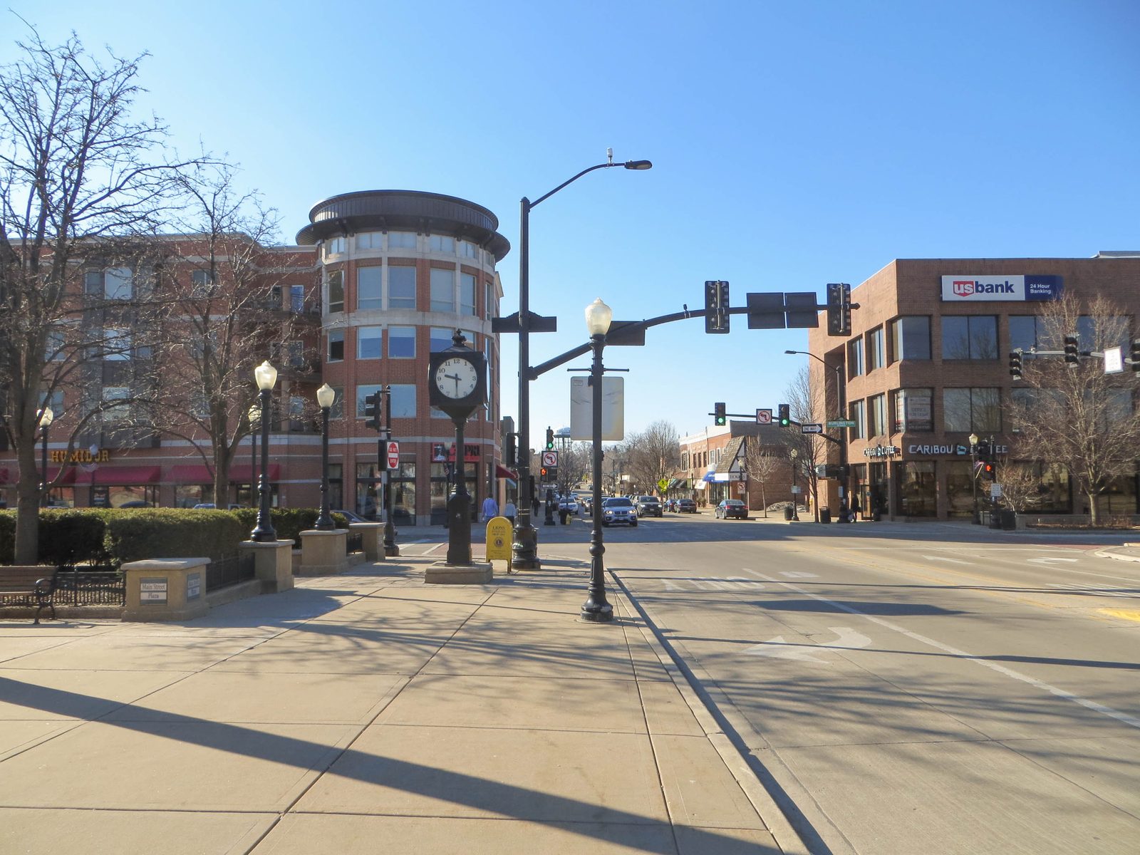 Main Street in downtown Downers Grove, Illinois, with the street clock