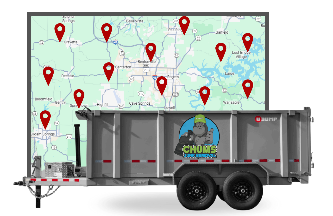 Chums Junk Removal service area map and trailer for Northwest Arkansas