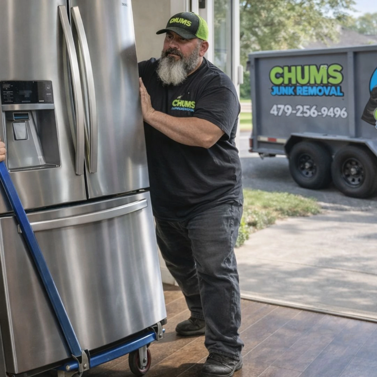 Chums Junk Removal crew moving a refrigerator in Northwest Arkansas