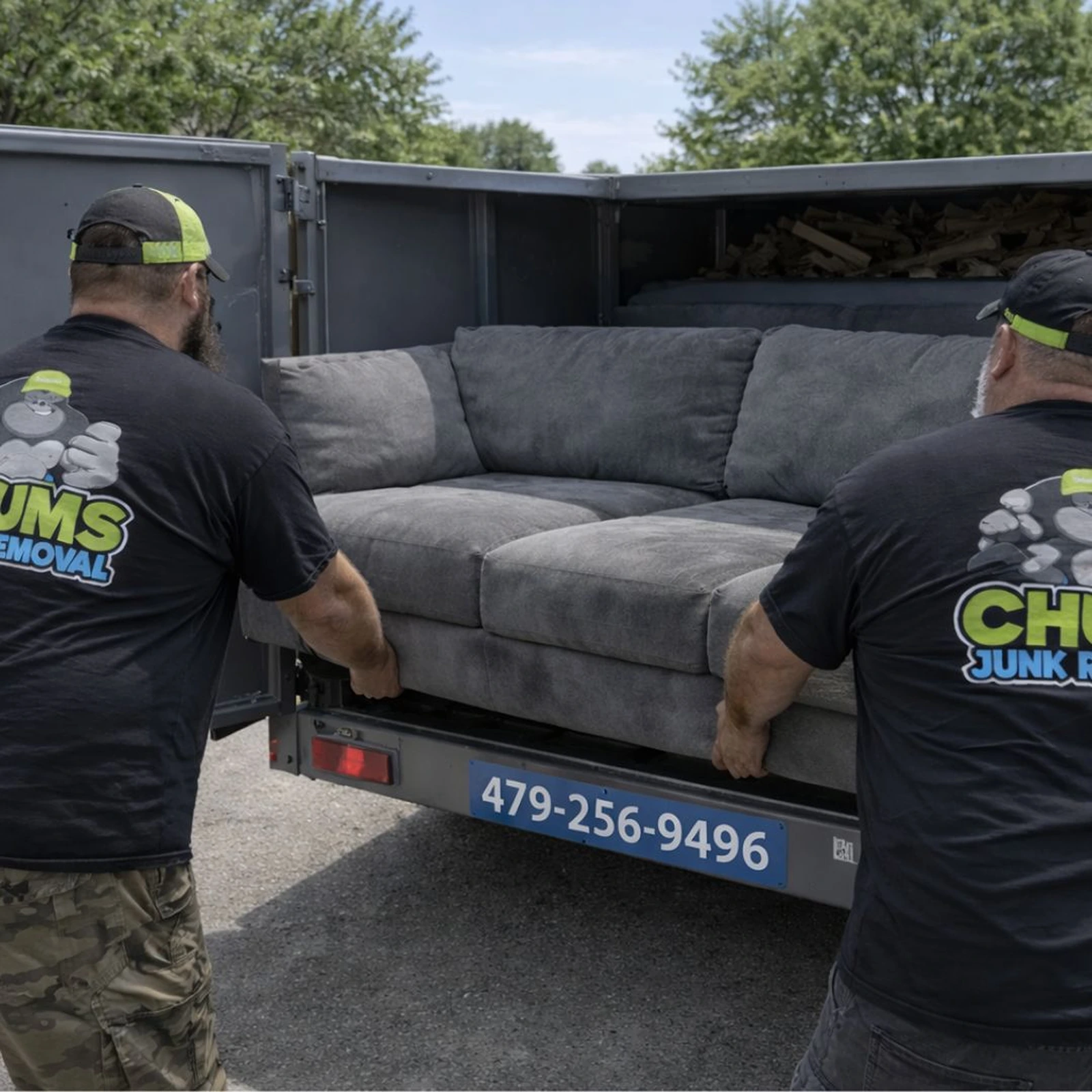 Chums Junk Removal crew loading a couch in Northwest Arkansas