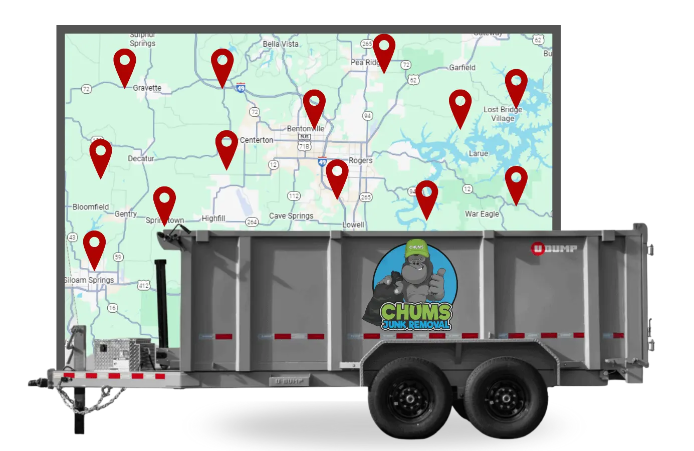Chums Junk Removal service area map and trailer in Northwest Arkansas