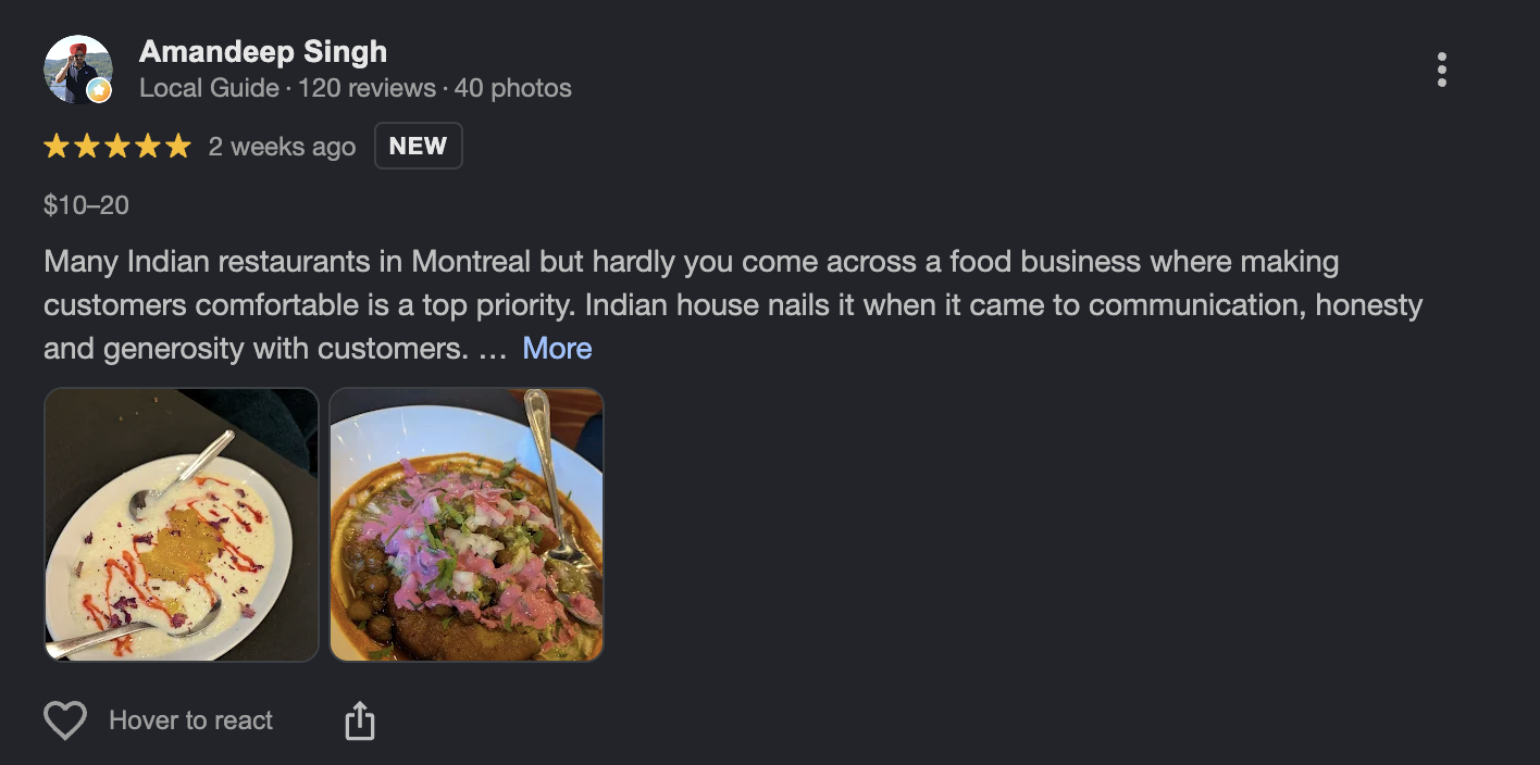 Indian House Google Review