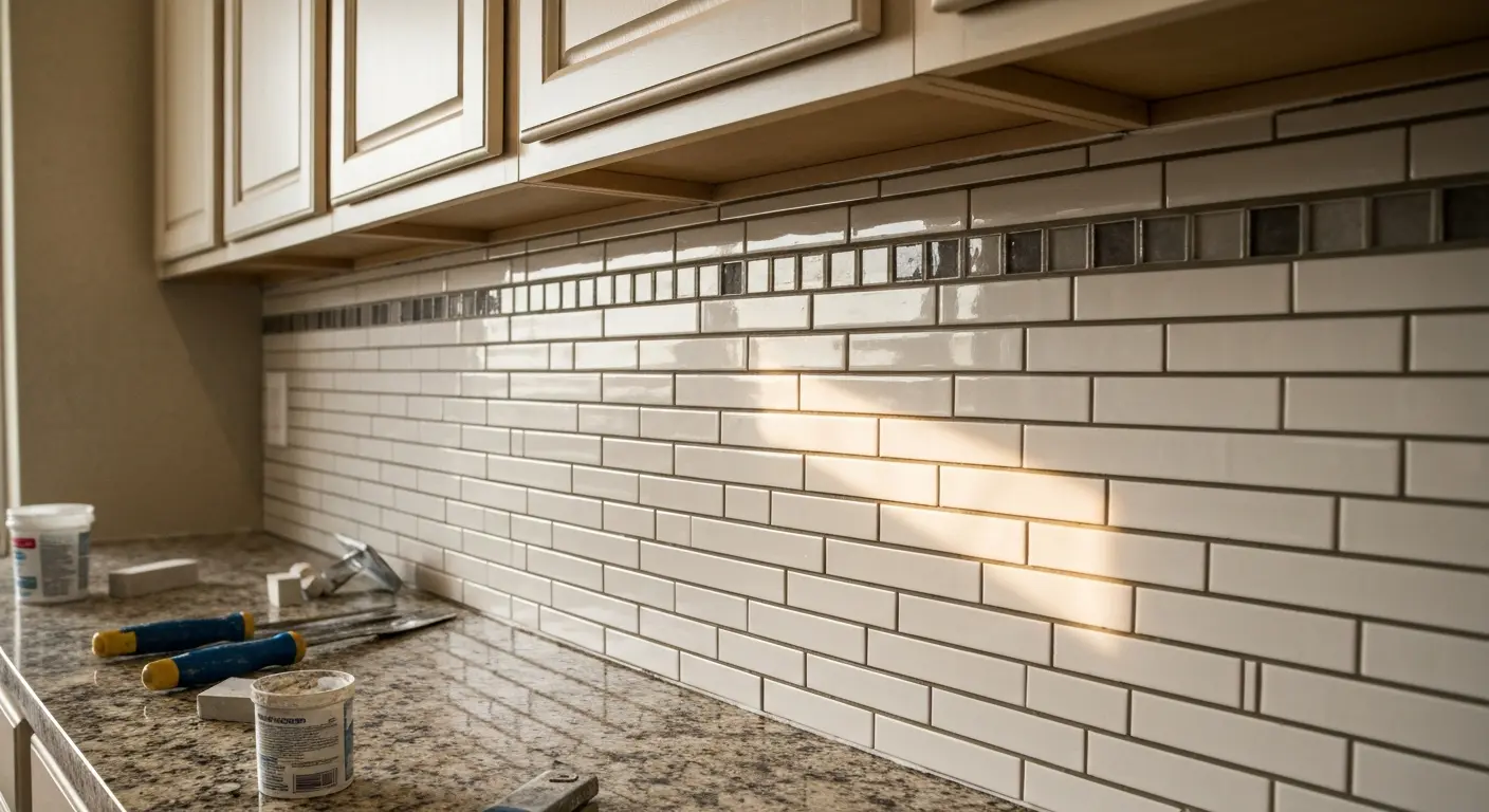 Subway and mosaic tile backsplash installation