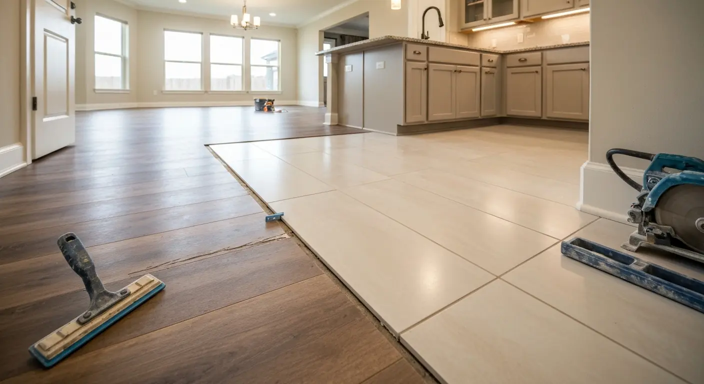Kitchen flooring installation with tile and luxury vinyl