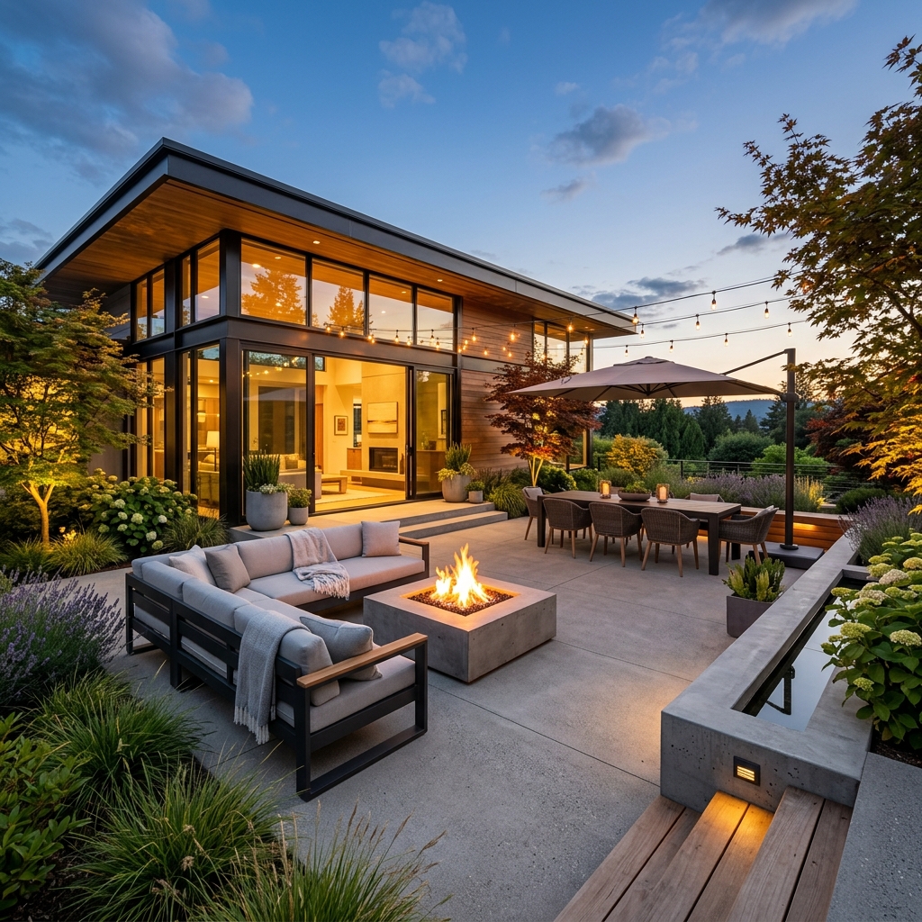Spacious residential concrete patio with outdoor furniture