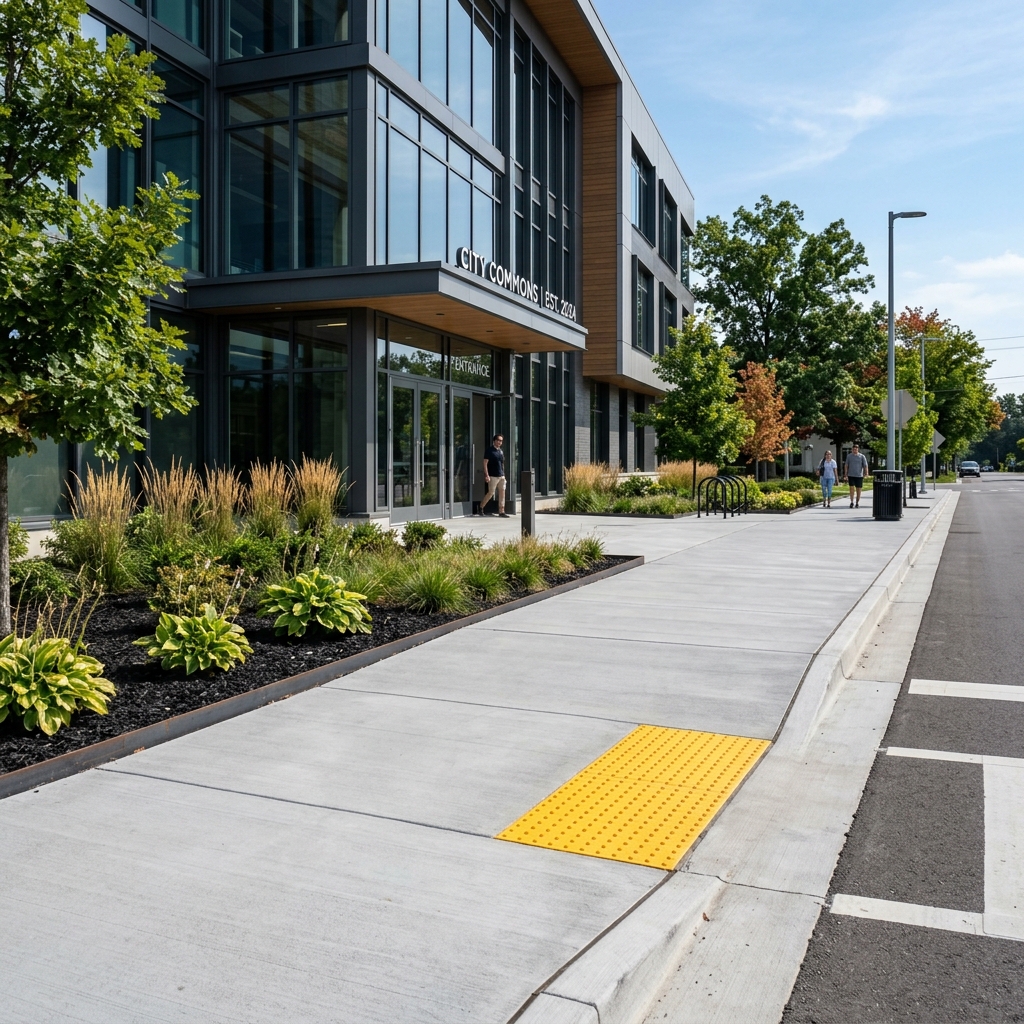 Freshly poured commercial concrete sidewalk
