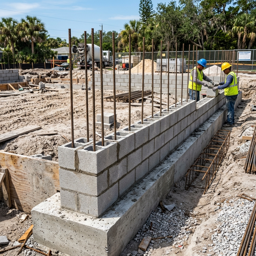 Concrete stem wall foundation construction