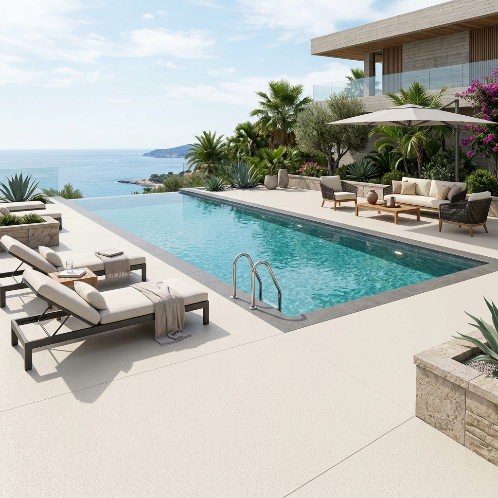 Cool deck heat reflective coating on pool deck