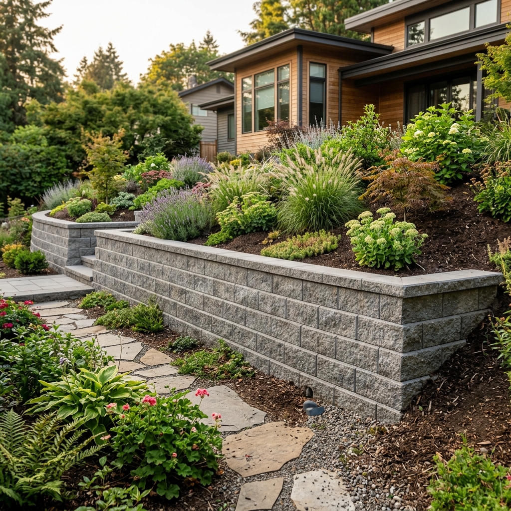 Concrete block retaining wall holding back soil