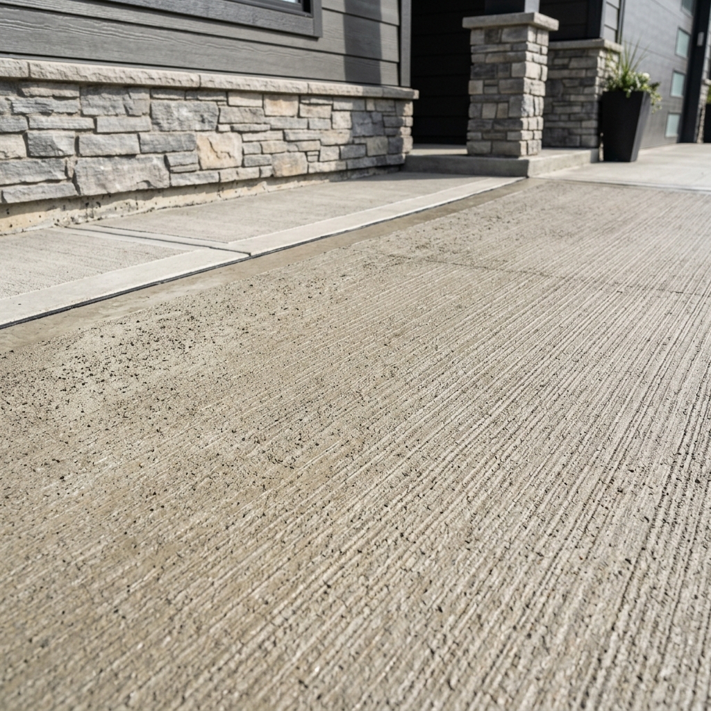 Freshly poured broom finish concrete driveway