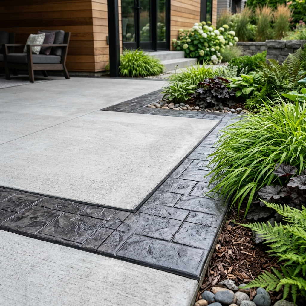 Concrete patio with a decorative stamped border