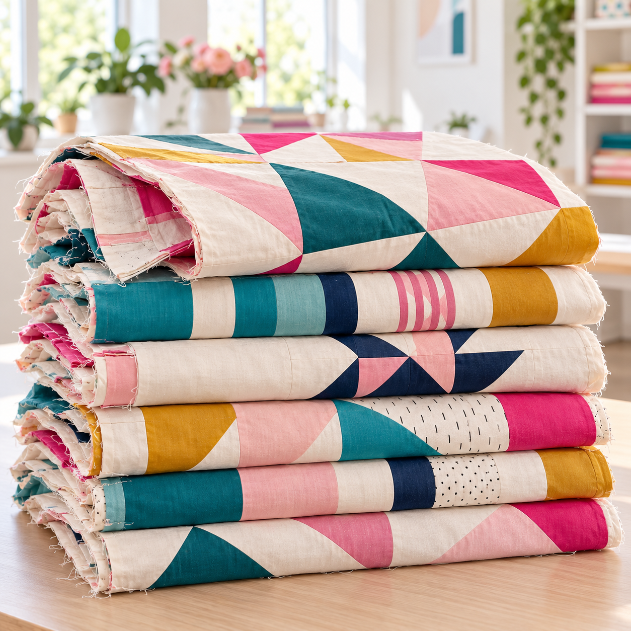 A stack of colorful finished quilts