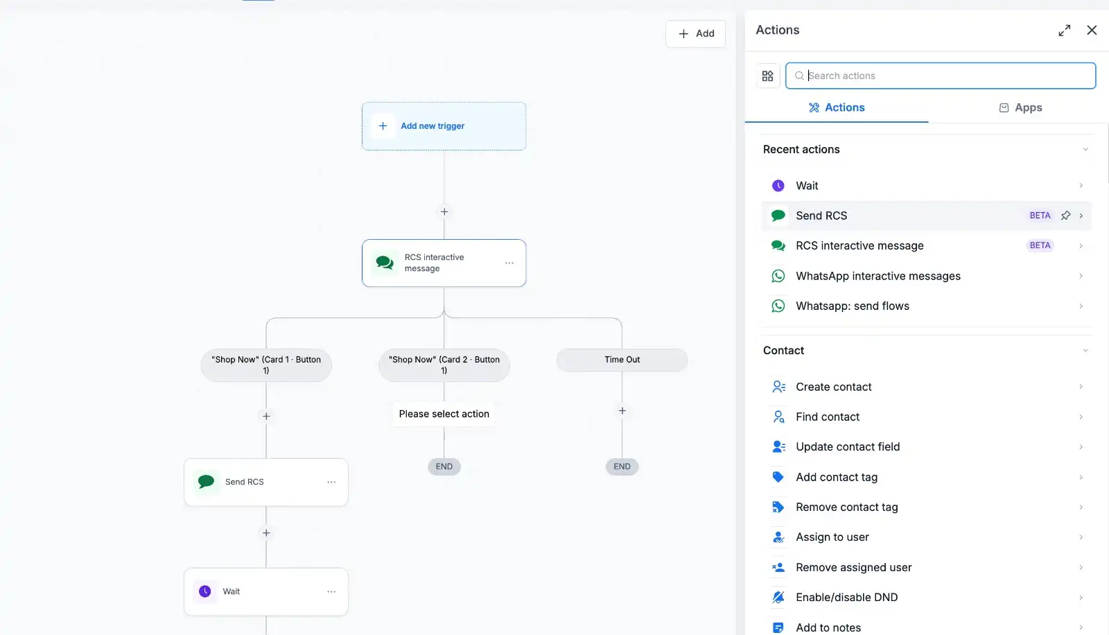 GoHighLevel Workflow Builder showing Send RCS and RCS Interactive Message actions for workflow automation. GoHighLevel Workflow Builder showing Send RCS and RCS Interactive Message actions for workflow automation.