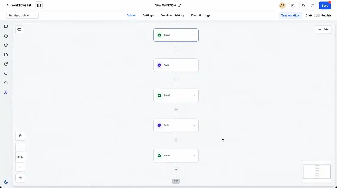GoHighLevel Workflow Builder showing an automated email nurture sequence with email and wait actions before a Goal Action for User Replied events. GoHighLevel Workflow Builder showing an automated email nurture sequence with email and wait actions before a Goal Action for User Replied events.