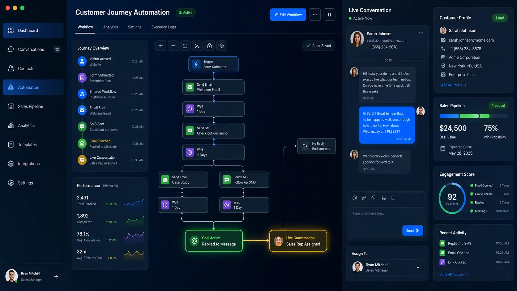 GoHighLevel workflow automation transitioning from automated messaging to a live customer conversation using the User Replied Goal Action. GoHighLevel workflow automation transitioning from automated messaging to a live customer conversation using the User Replied Goal Action.