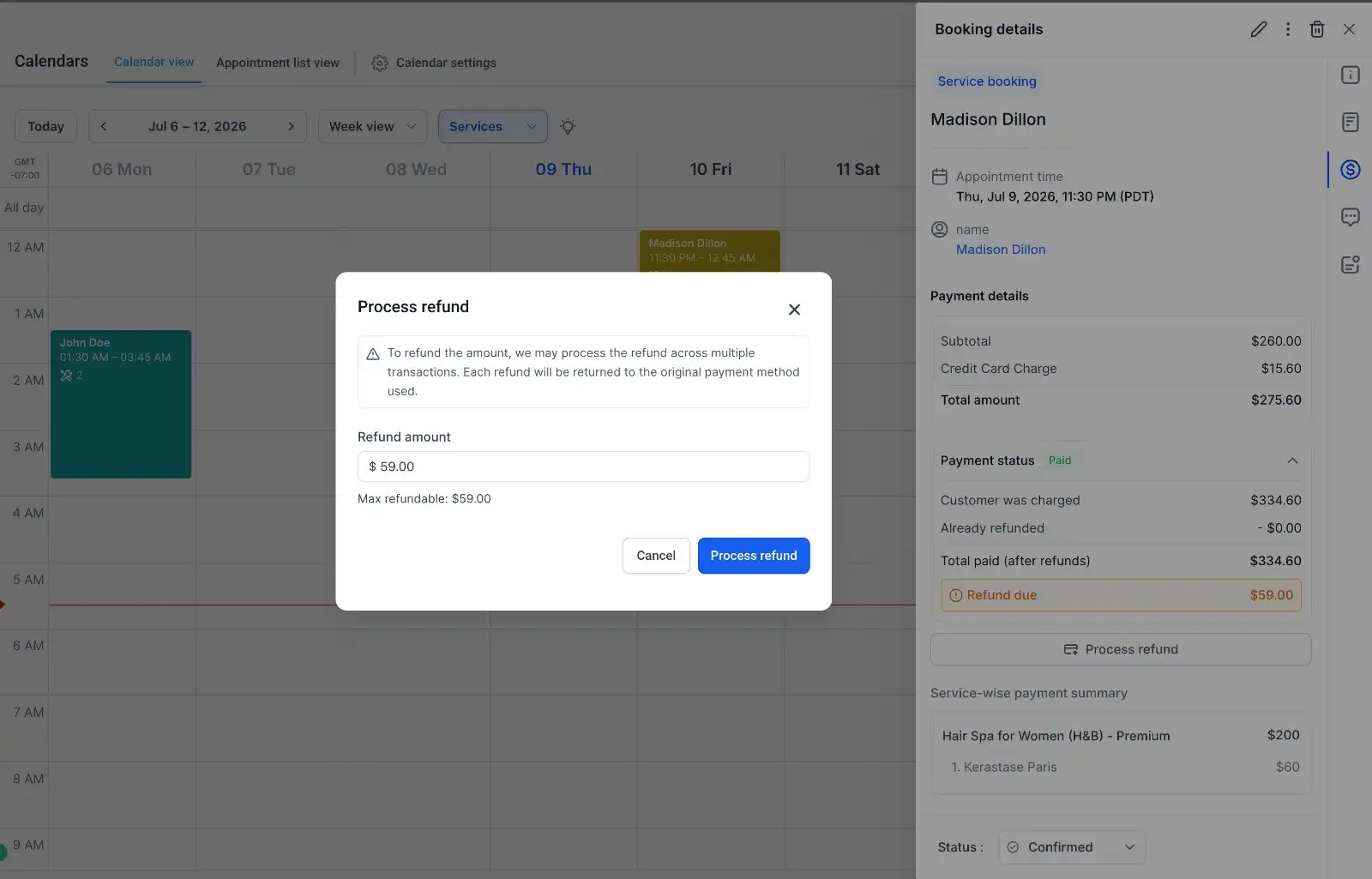GoHighLevel Process Refund popup displayed within a service booking. GoHighLevel Process Refund popup displayed within a service booking.