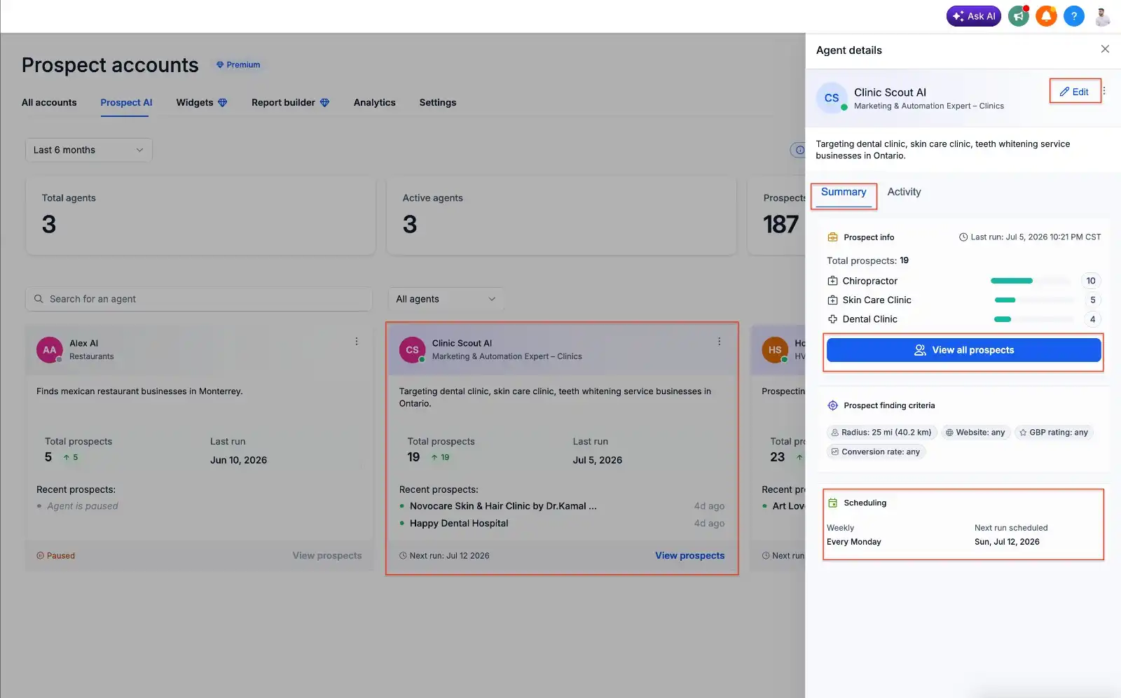GoHighLevel Prospect AI AI agent Summary page showing prospect information, scheduling, and agent configuration. GoHighLevel Prospect AI AI agent Summary page showing prospect information, scheduling, and agent configuration.