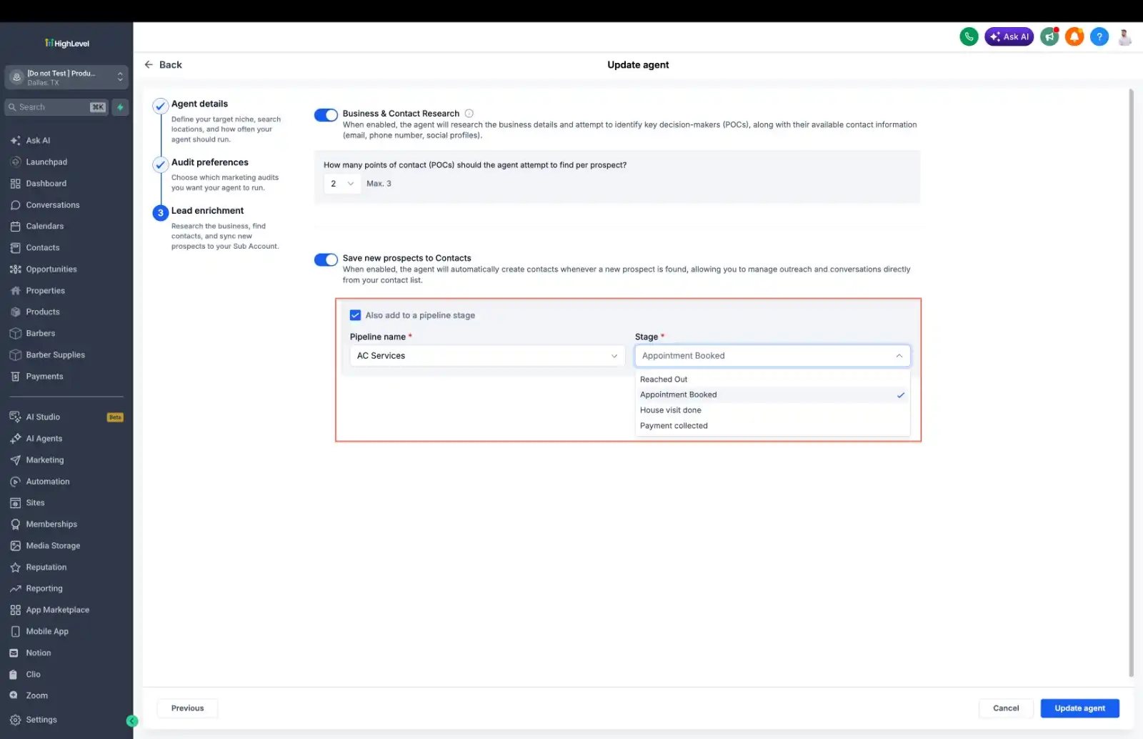 GoHighLevel Prospect AI Activity Center showing successful execution history, discovered business categories, and next scheduled run. GoHighLevel Prospect AI Activity Center showing successful execution history, discovered business categories, and next scheduled run.