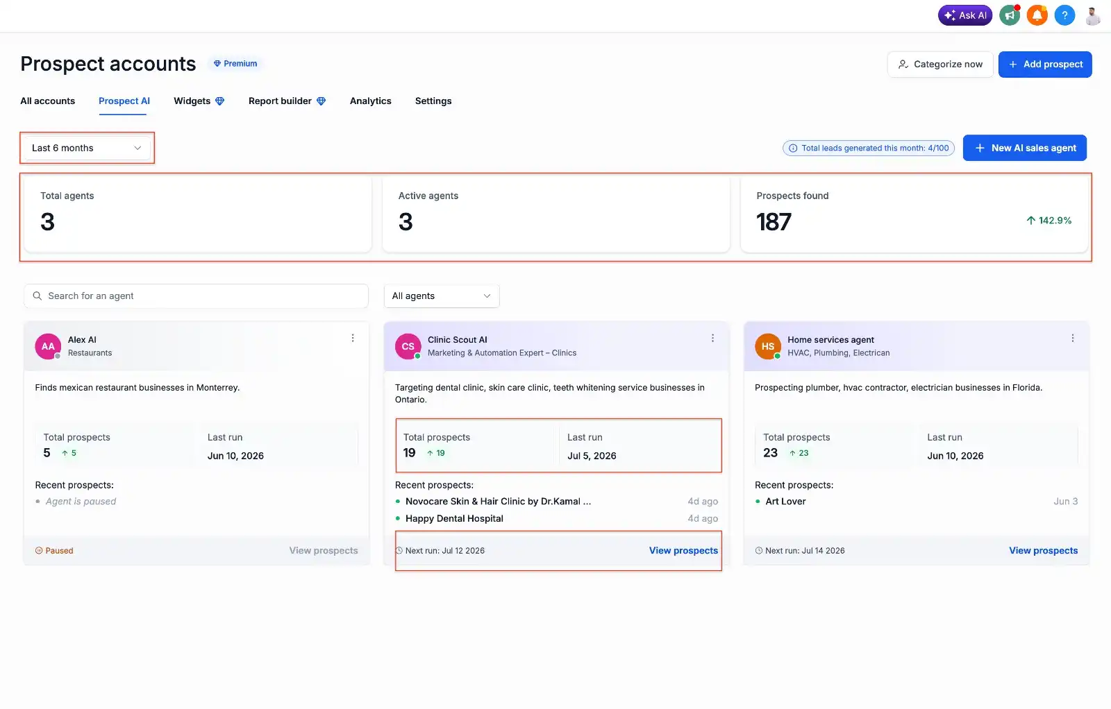 GoHighLevel Prospect AI Activity Center displaying no prospects found with recommended improvements and execution history. GoHighLevel Prospect AI Activity Center displaying no prospects found with recommended improvements and execution history.